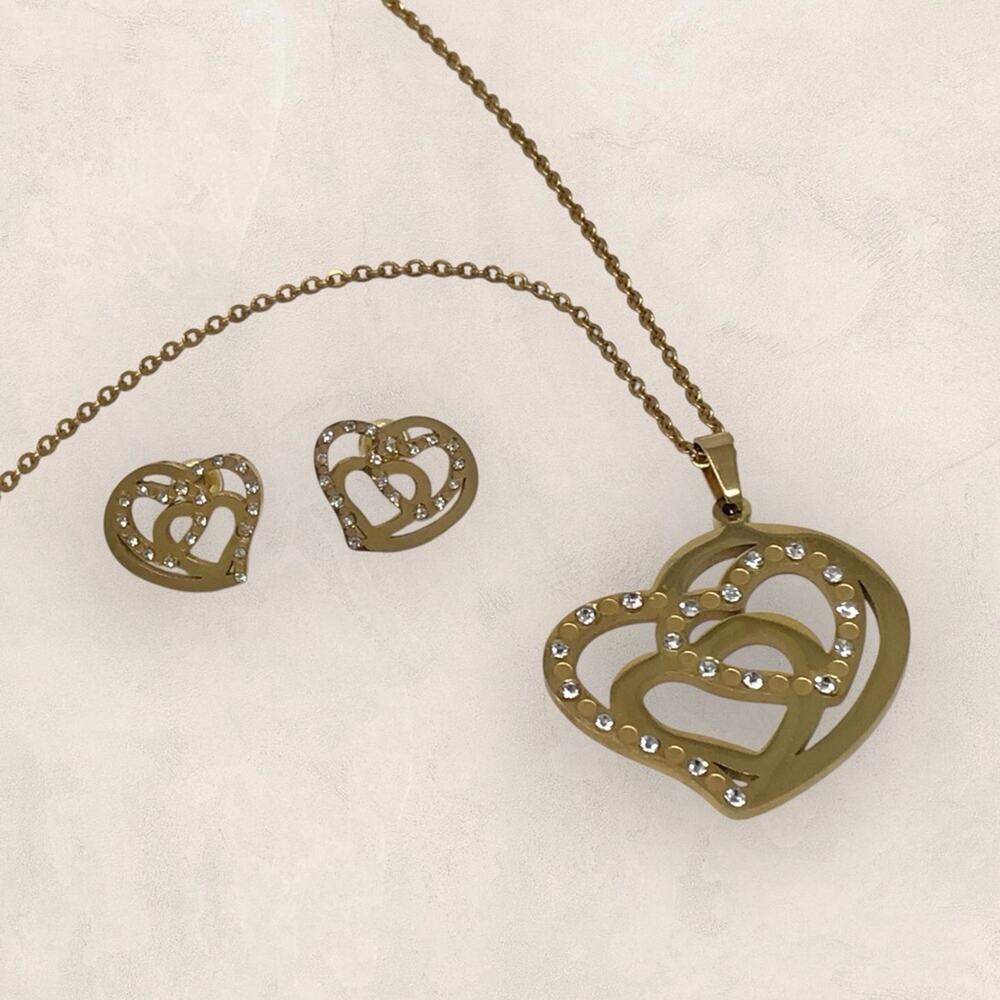 Gold and Rhinestone Heart Pendant sparkling Necklace and Earrings Set
